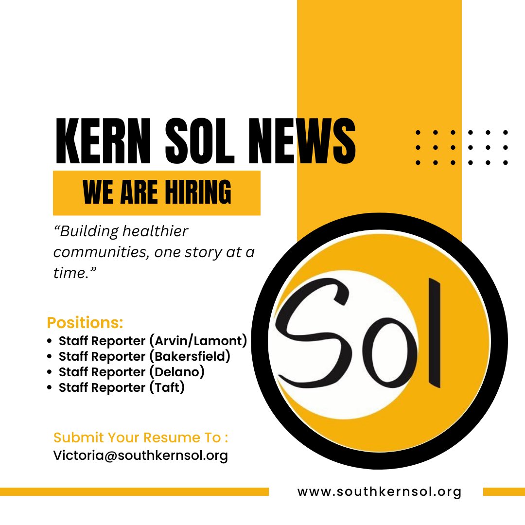 We are hiring! Kern Sol News is looking to hire four staff reporters in various areas around Kern County. 

We are searching for self-starters who can generate content for publications on our website on a weekly basis.