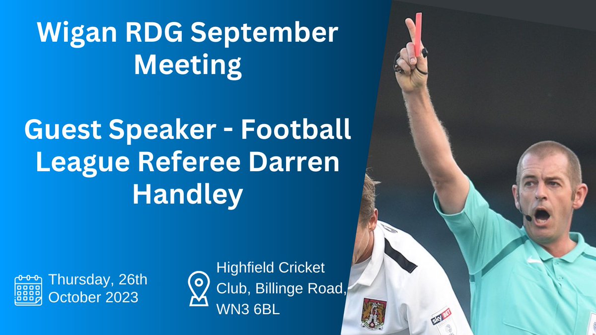 WiganReferees's tweet photo. Wigan RDG October Meeting

Football League Referee Darren Handley

This coming Thursday the 26th October  7:30 KO https://t.co/Iq1CdlWCjA