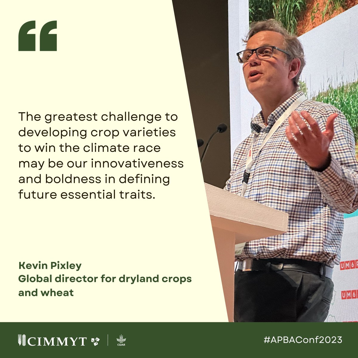 Kevin Pixley, director of dryland crops and wheat, at the #APBAConf2023 delves into re-designing crop varieties to win the race between climate change and food security.

Read CIMMYT’s latest study on breeding tomorrow’s traits ➡️ bitly.ws/YqHG
