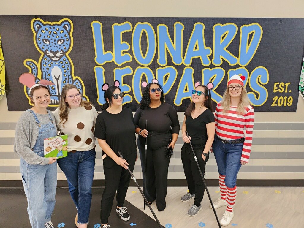DiagGrace's tweet photo. So fun! Character parade day @OLE_Leopards . The sped assessment team in on the fun! https://t.co/edJlS8j0Yr