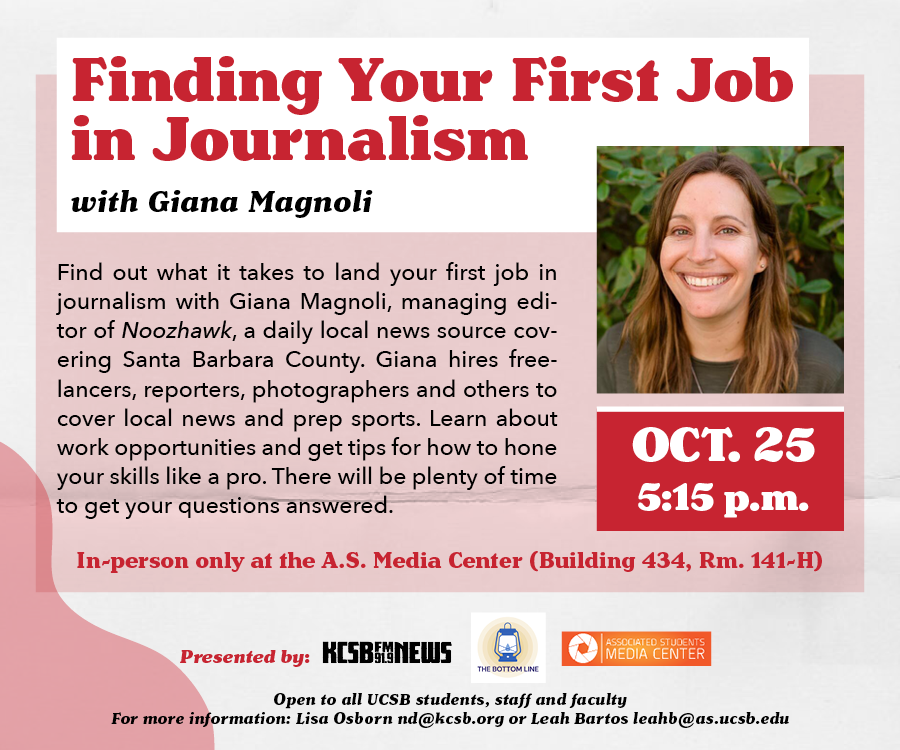 AS_UCSB's tweet photo. Interested in a career in journalism? Want to hear tips on landing your first job or picking up freelance work? Join us TODAY for career chat with @magnoli of @noozhawk! Open to all @ucsantabarbara students. Details and RSVP: https://t.co/YBViVN6ELG https://t.co/2DCQeGJues
