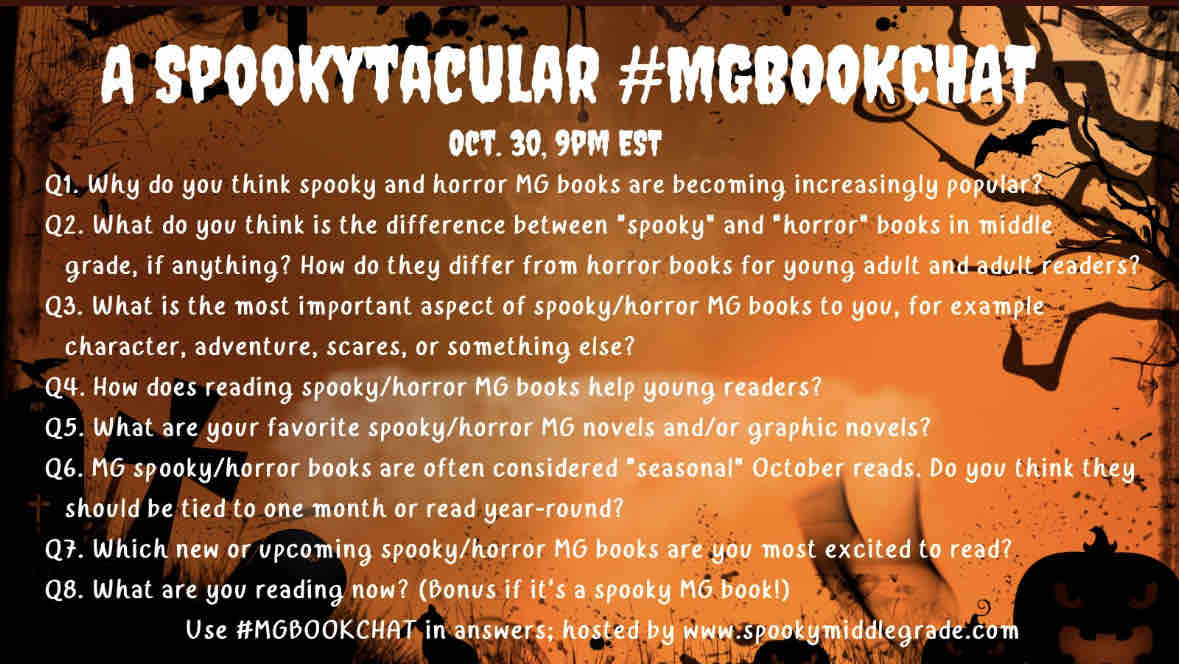 As promised here are the questions for the Spookytacular #MGBookChat hosted by @spookymgbooks on October 30 at 9 pm EST