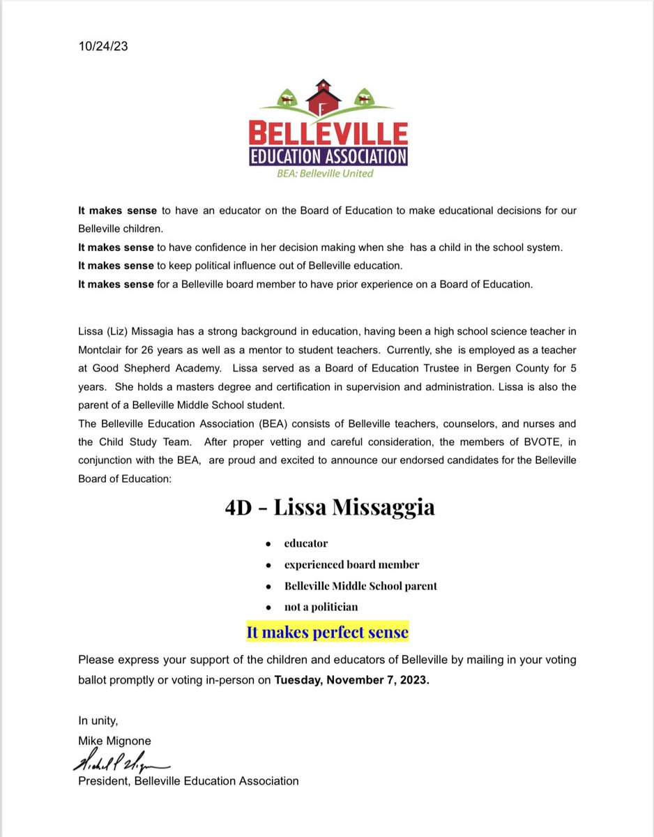 Belleville Education Association proudly endorses Lissa Missaggia -4D for the Belleville Board of Education 📚#BellevilleUnited #UnionStrong
