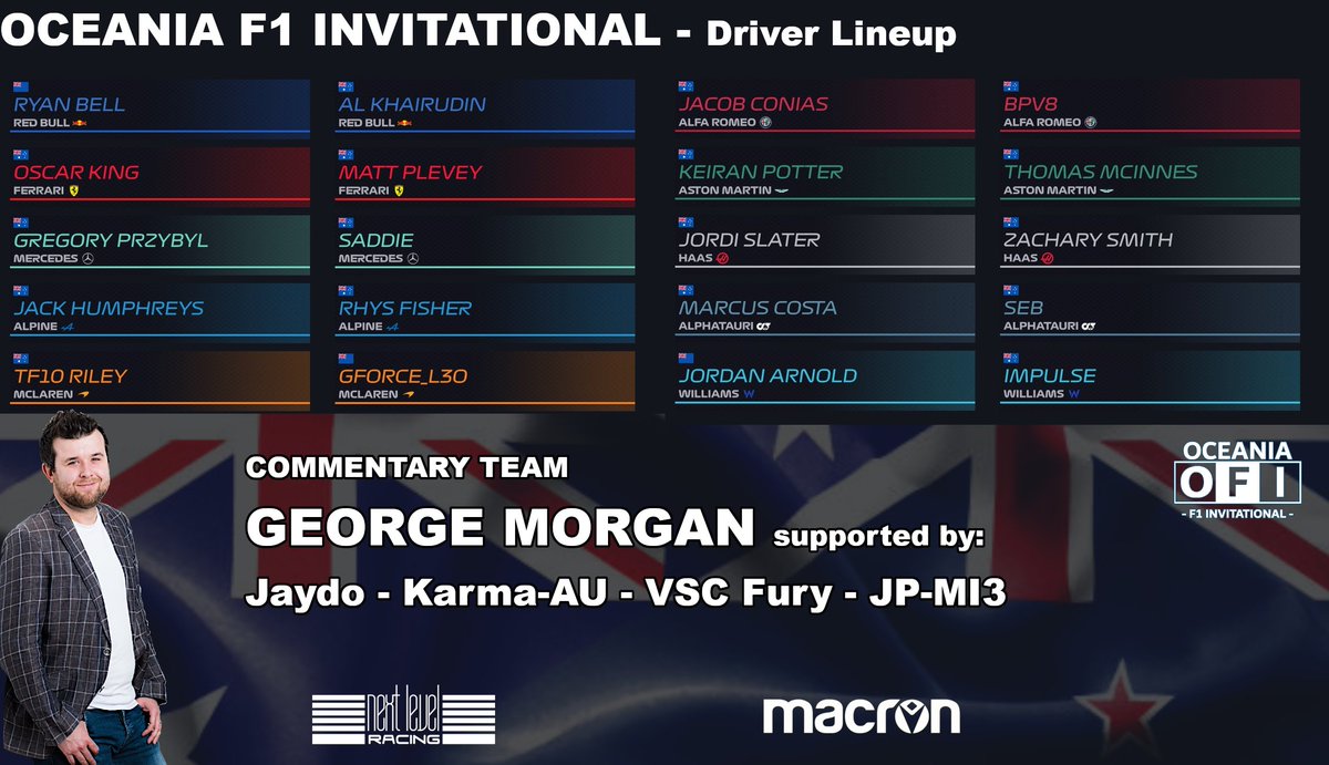 OFI_Oceania's tweet photo. **Your driver lineup for OFI4**
The very pointy end of talented drivers in our region to do battle over 4 rounds..
Nov 1 - Spa
Nov 2 - Austria
Dec 6 - Qatar
Dec 7 - Abu Dhabi
#F123 https://t.co/fTKnlFt361