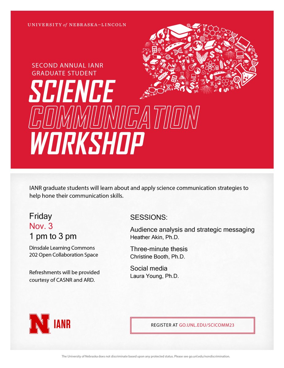 REGISTER for the 2nd Annual IANR Graduate Student Science Communication Workshop to be held Nov. 3 from 1 to 3 pm in the Dinsdale Learning Commons. ›› go.unl.edu/SCICOMM23 #UNL <a href="/UNL_PSI/">UNL PSI</a> <a href="/UNLPlantPath/">UNL Plant Path Grads</a> <a href="/ahgsa_unl/">AHGSA UNL</a> <a href="/UNL_IANR/">Institute of Agriculture and Natural Resources</a>