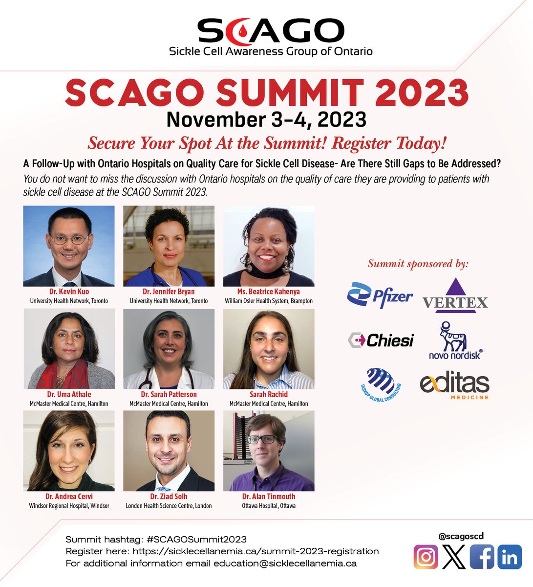 The Canadian sickle cell community continues to report poor care in hospitals. Be at #SCAGOSummit2023 to be a part of the dialogue with Ontario hospitals on the quality of care provided to people with #sicklecelldisease in Ontario. Register to attend: sicklecellanemia.ca/summit-2023-re…