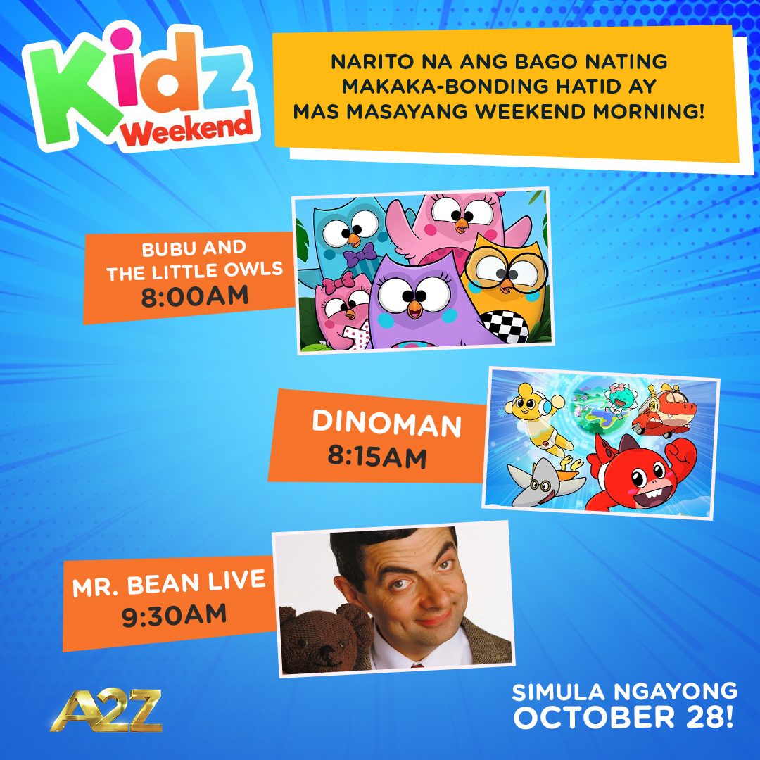OfficialA2ZPH's tweet photo. May bago tayong makakabonding hatid ay mas makulit at masayang weekend morning!
Abangan ang #BubuAndTheLittleOwls #Dinoman at #MrBeanLive tuwing Sabado simula 8AM sa paborito nating #KidzWeekend sa A2Z. https://t.co/wGvgenRLjN
