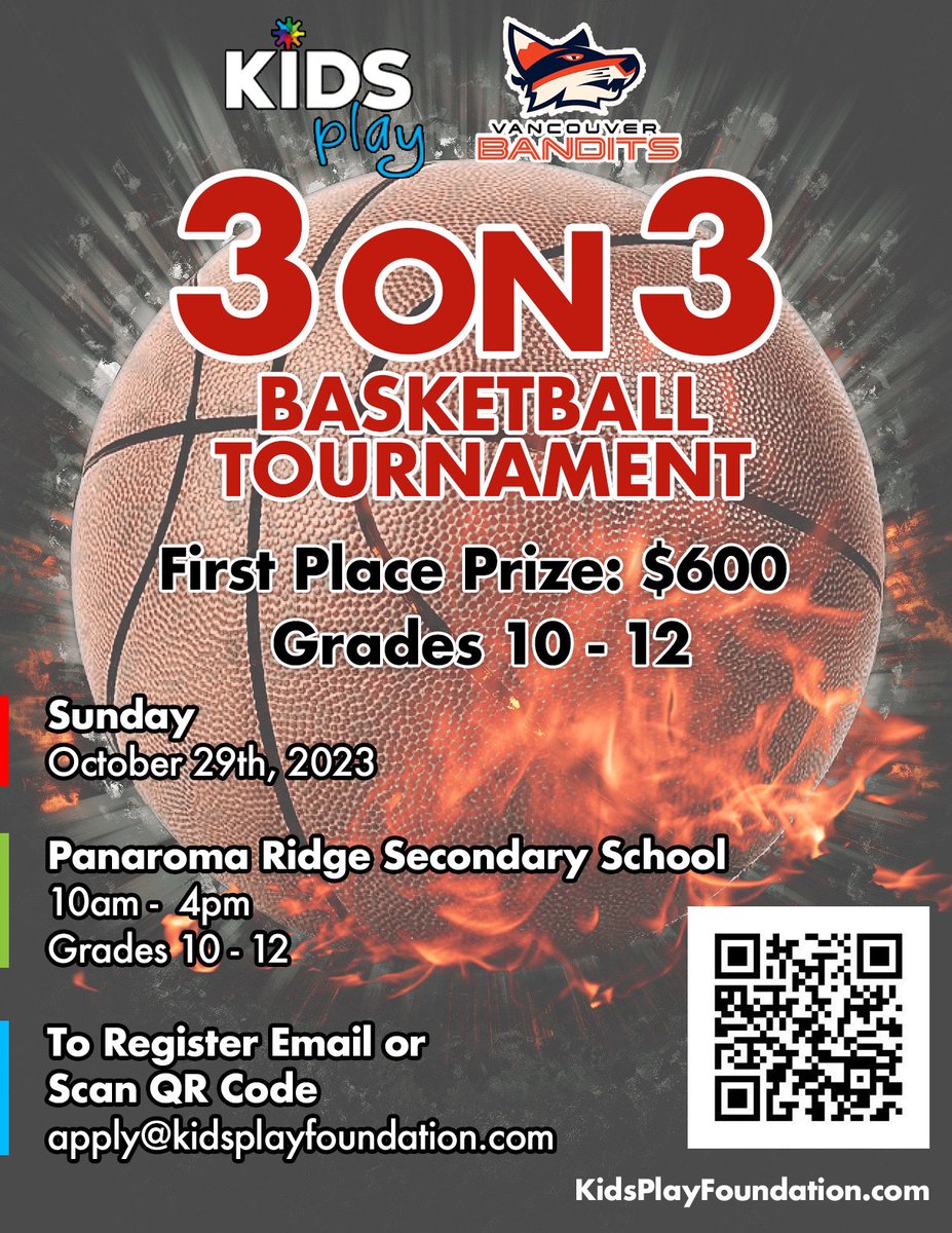 We are excited to announce our Annual 3 on 3 Basketball Tournament 2023 in partnership with Vancouver Bandits! This tournament is open for all youth interested in playing basketball between grade 10-12. The event is absolutely free and the 1st place prize is $600.