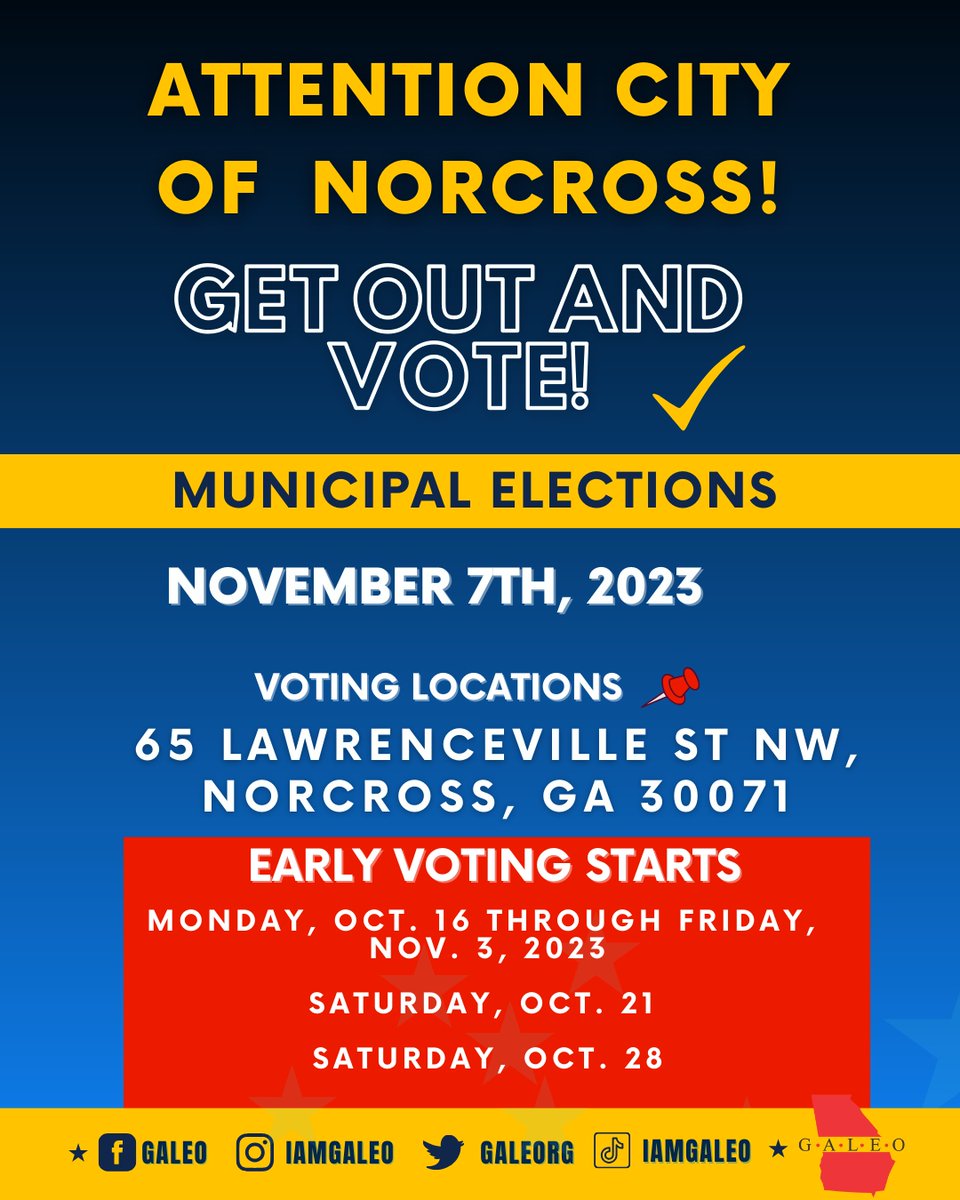 #CityOfNorcross! ⁠
⁠
Get Out and Vote! Your vote is your voice.⁠
⁠
#localelections #norcross #norcrossga #norcrossgeorgia⁠
#elections #election #getoutthevote #galeo #latinovote #vote