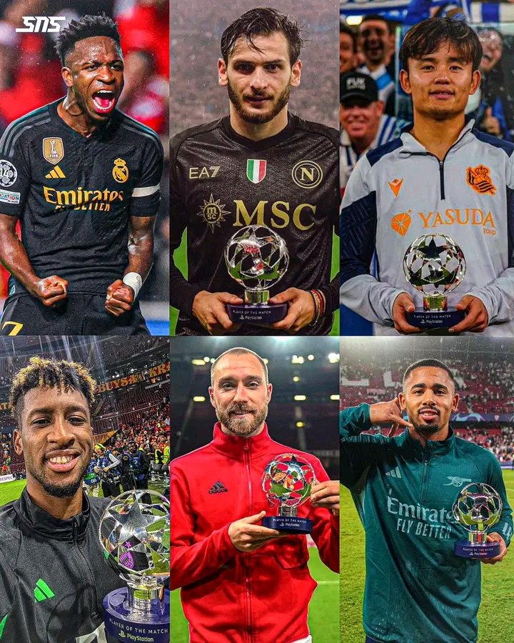 🇧🇷 Vinicius jr: MOTM 🆚 Braga 
🇬🇪 Khvicha Kvaratskhelia: MOTM 🆚 Union Berlin 
🇯🇵 Takefusa Kubo: MOTM 🆚 Benfica
🇫🇷 Coman: MOTM 🆚 Galatasaray 
🇩🇰 Christian Eriksen: MOTM 🆚 København 
🇧🇷 Gabriel Jesus: MOTM 🆚 Sevilla 

Congratulations!  🙌🏽
#uefachampionsleague