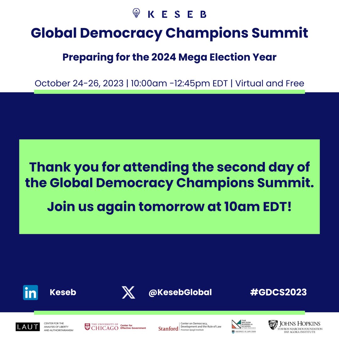 Thank you for joining us for Day 2 of the 2023 Global Democracy Champions Summit! We look forward to continuing our conversation tomorrow at 10am EDT focused on “Building Towards a Pluralistic Democracy.” 🌍

Register for tomorrow’s sessions: hopin.com/events/2023-ke…

#GDCS2023