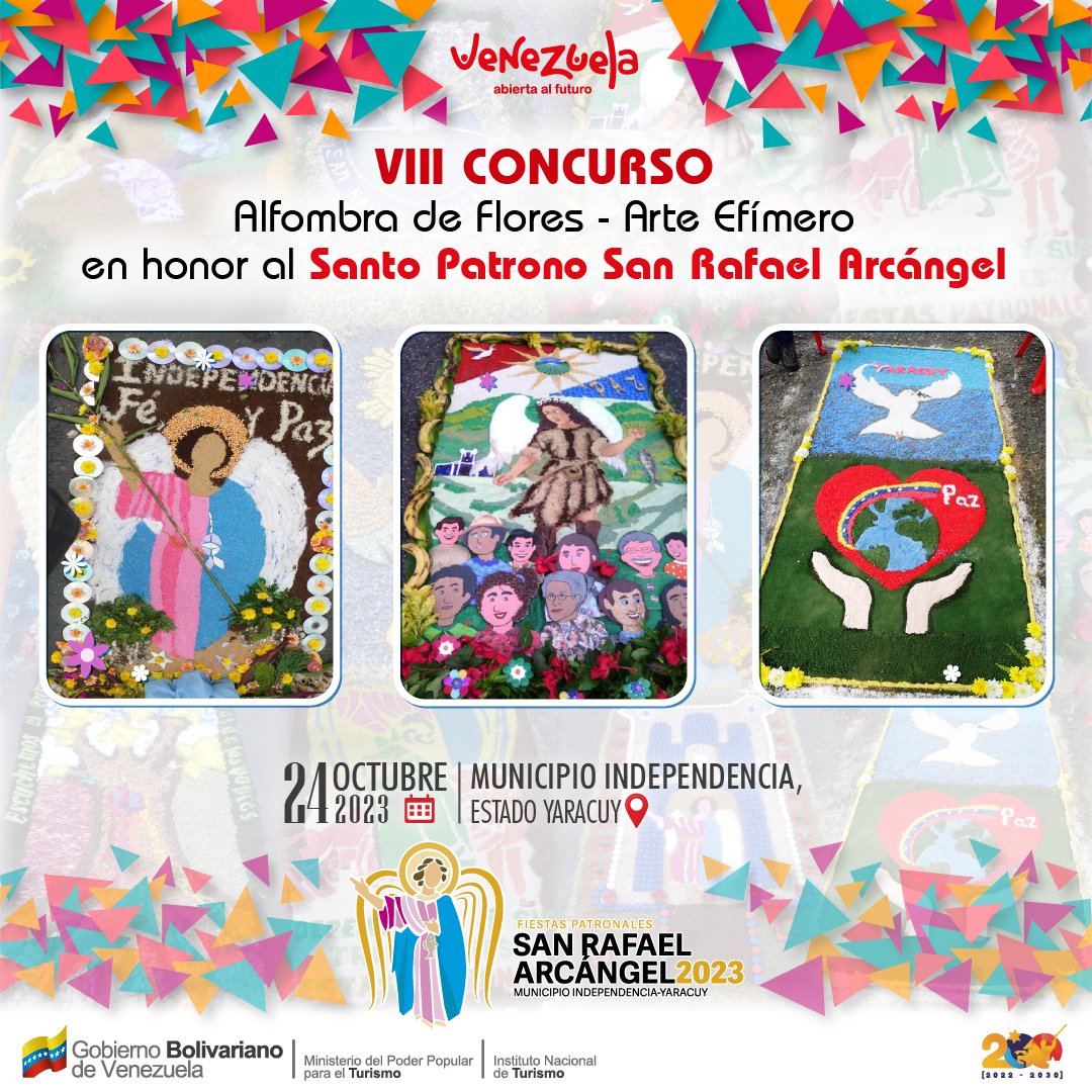 InaturZulia's tweet photo. El concurso de la alfombra de flores es un evento de arte efímero en honor al Santo Patrono San Rafael Arcángel, que se celebrará el #24deOctubre en el municipio Independencia del estado Yaracuy. Es una tradición que atrae a visitantes de todo el país.
#ElEsequivoEsVenezolano https://t.co/LWtgTqb0aH