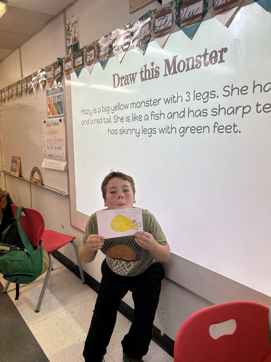 MsWallaceOCSB's tweet photo. Students in 4/5 LOVE to draw. We have been exploring descriptive writing, and today they were tasked with drawing 2 monsters based solely on their descriptions. It was awesome to see how similar their second (and more detailed) monster turned out!

#beSKT
@StKateriOCSB https://t.co/OEmxDlbeMU