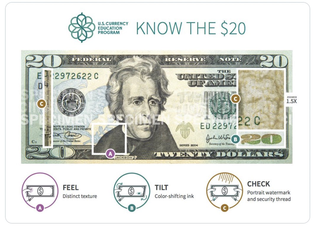 Crowdfunding_PR's tweet image. How currencies utilize micro-writing, a watermark, which shows image of Andrew Jackson to the right of the portrait, that are harder for a #counterfeiter to reproduce. 

Learn more about #AntiCounterfeiting =&amp;gt;
blog.fraudfighter.com/how-to-detect-…