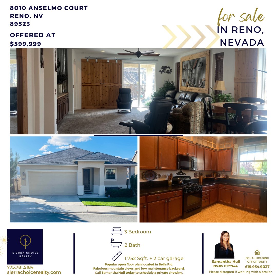 Gorgeous 3 bed/2 bath in Northwest Reno.🏡
A top-rated floor plan located in Bella Rio offered at 599,999.
Call Samantha Hull to schedule a private showing at 619.954.9037.
#sierrachoicerealty #northernnevadarealestate