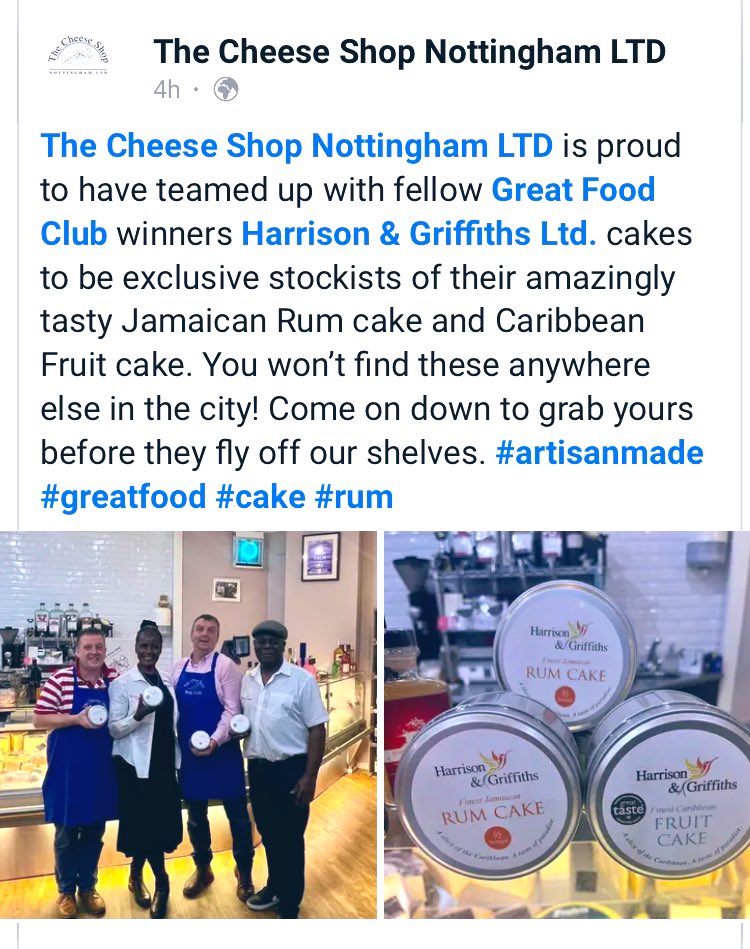 GriffithsSales's tweet photo. @jules0455 @greatfoodclub1 The cheese Shop  6 Flying Horse Walk NG1 2HN Harrison &amp; Griffiths Award winning Jamaican Rum Cakes https://t.co/q5mI8zOzif