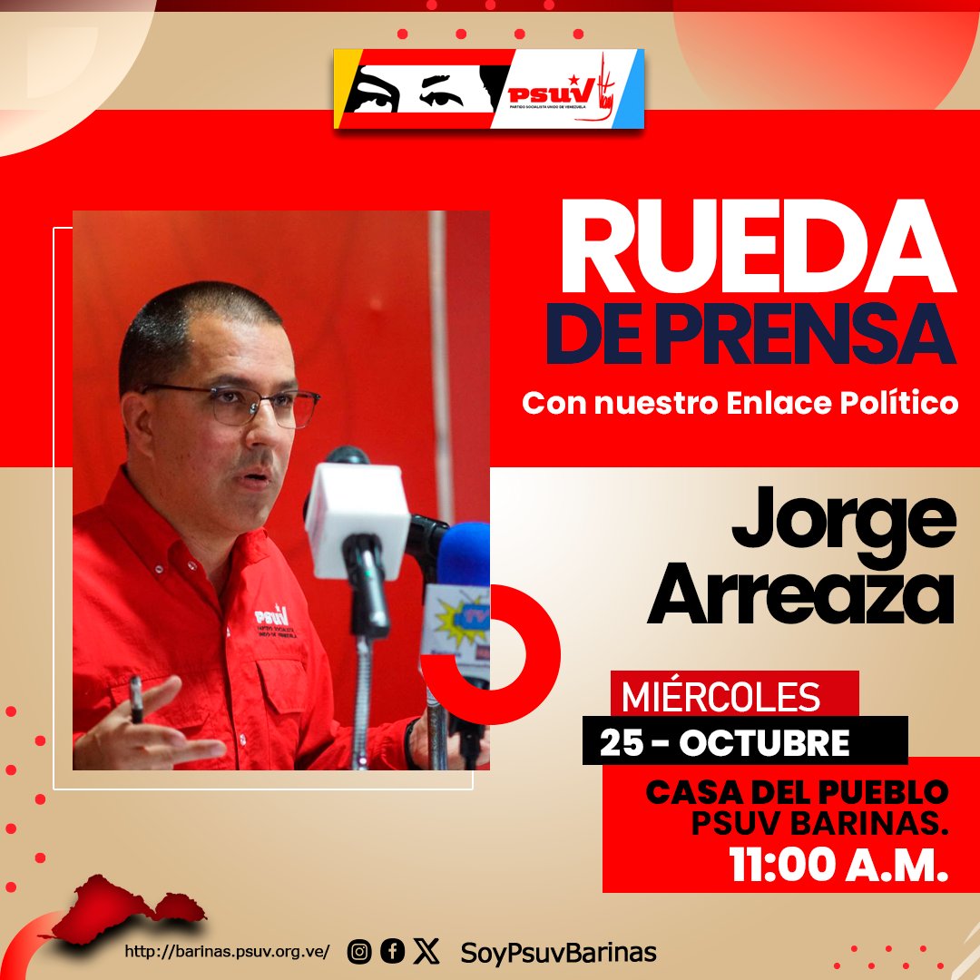 #Entérate | Este miércoles #25Oct nuestro vicepresidente para las #Comunas y enlace político por #Barinas, Jorge Arreaza, realizará una rueda de prensa desde la Casa del Pueblo #PsuvBarinas a las 11:00 a.m. ¡Atentos! 🚩✊🏽🇻🇪