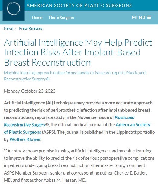 Proud to see a press release by @ASPS_News & @Wolters_Kluwer for our study in @prsjournal! Our results demonstrate the ability of Artificial Intelligence to predict adverse events for women with breast cancer seeking breast reconstruction and potentially lower the risk.