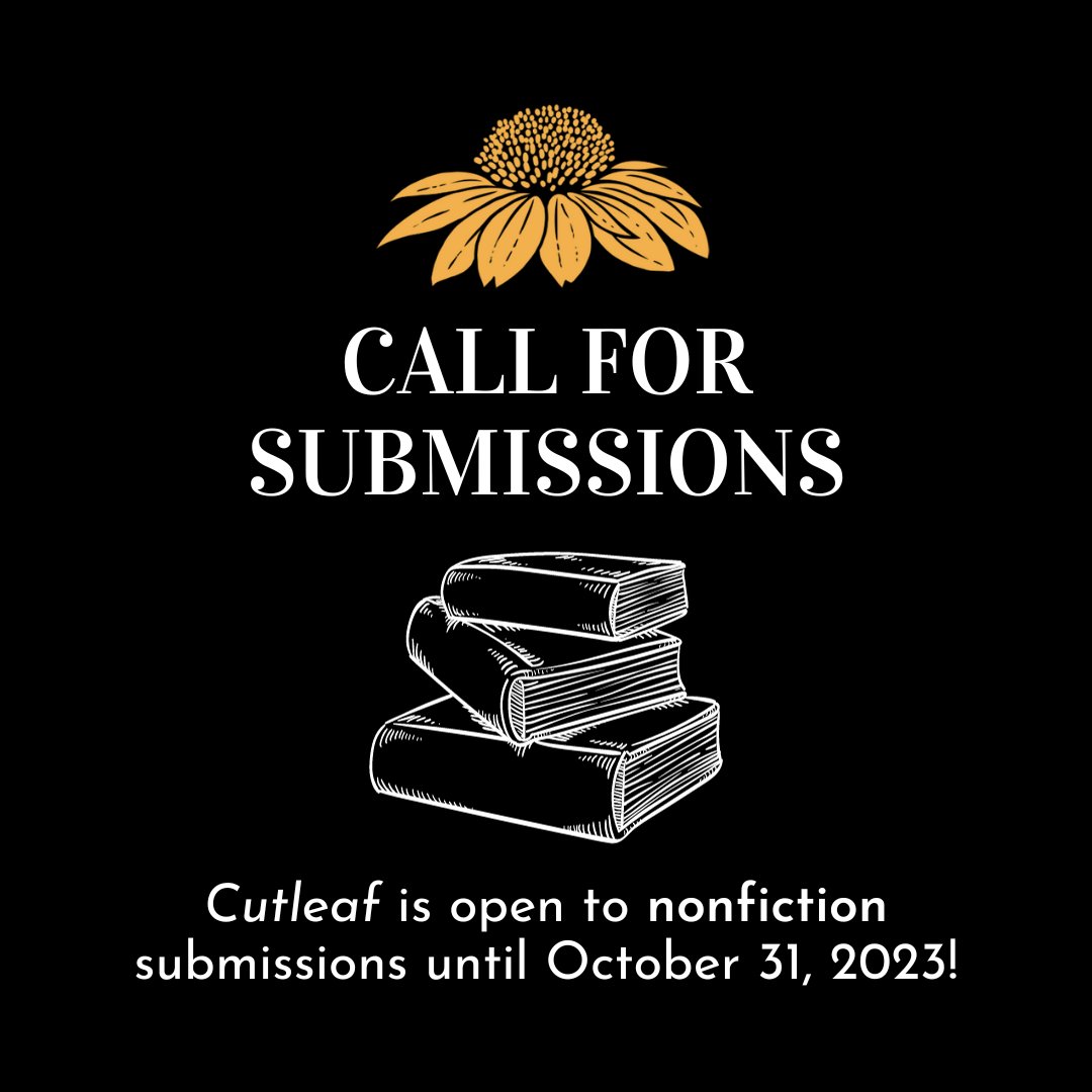 Cutleaf (@cutleafjournal) on Twitter photo We're currently open to creative nonfiction submissions for the 2024 issues of Cutleaf, but the submission period closes in one week! If you have a piece to send our way, be sure to submit it via <a href="/submittable/">Submittable</a> at bit.ly/3PW2HCS by the October 31 deadline. We're currently open to creative nonfiction submissions for the 2024 issues of Cutleaf, but the submission period closes in one week! If you have a piece to send our way, be sure to submit it via <a href="/submittable/">Submittable</a> at bit.ly/3PW2HCS by the October 31 deadline.