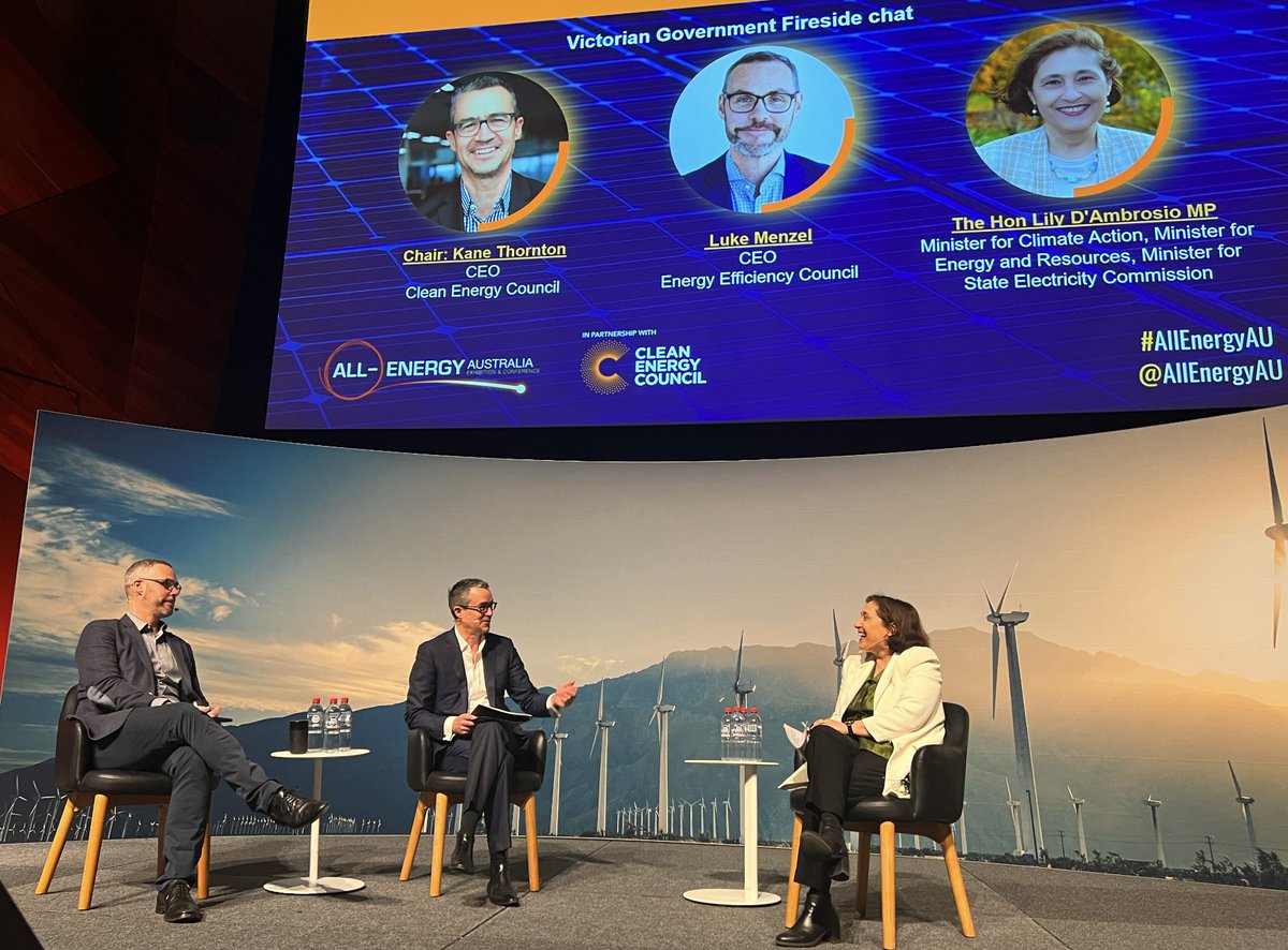 We're live! @AllEnergyAU has launched with a heartfelt welcome to country from Uncle Bill Nicholson, and a chat between @LilyDAmbrosioMP and the EEC & @cleannrgcouncil CEOs, @LukeMenzel and @kanethornton. As the Minister says, 'efficiency and electrification are the answer.'