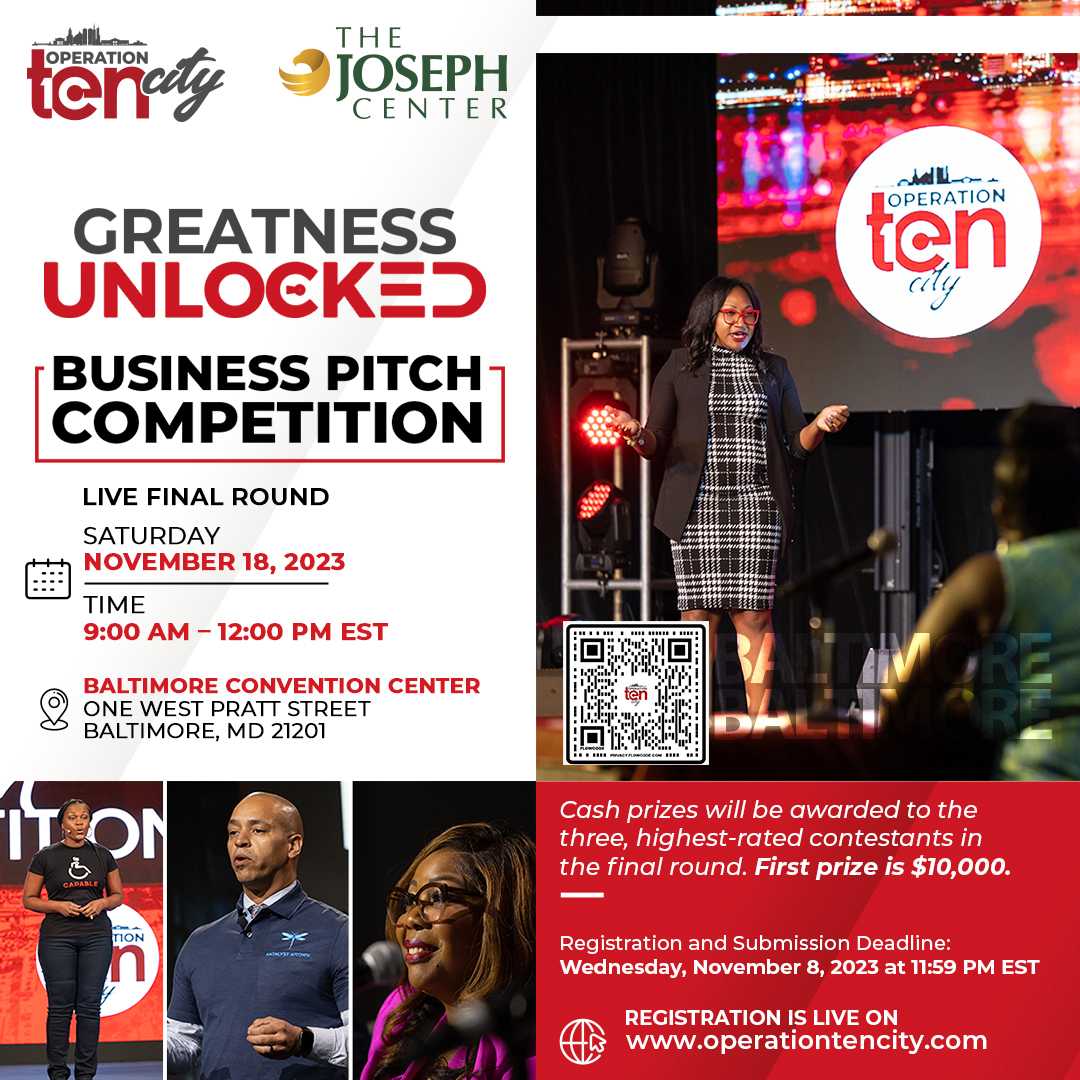 Calling all #BaltimoreEntrepreneurs! Are you ready to take your business to the next level? Here's your opportunity to shine. Enter our Business #PitchCompetition with prizes up to $10,000! operationtencity.com Your journey to greatness starts here! #OperationTenCity