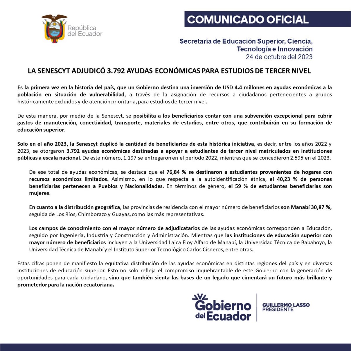 EduSuperiorEc's tweet photo. #ComunicadoOficial ➡️ Es la primera vez en la historia del país, que un Gobierno, por medio de la #Senescyt,  destina USD 4.4 millones en #AyudasEconómicas a la población en situación de vulnerabilidad, para estudios de tercer nivel. 

#NuestroTrabajoContinúa https://t.co/NE5kbcoeb8