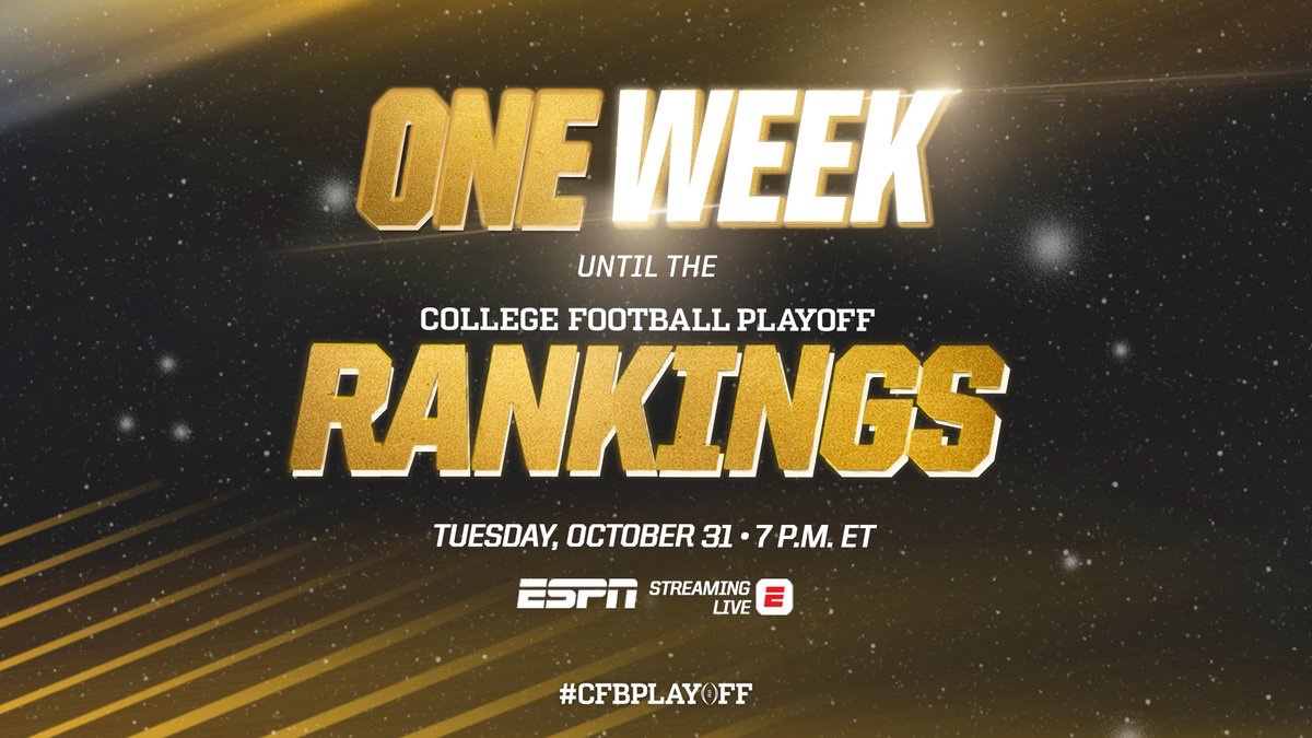 Block your calendars and set your DVRs - we're just one week away! The first College Football Playoff Top 25 of the 2023 season will drop exactly one week from now live on @espn. #CFBPlayoff 🏈🏆