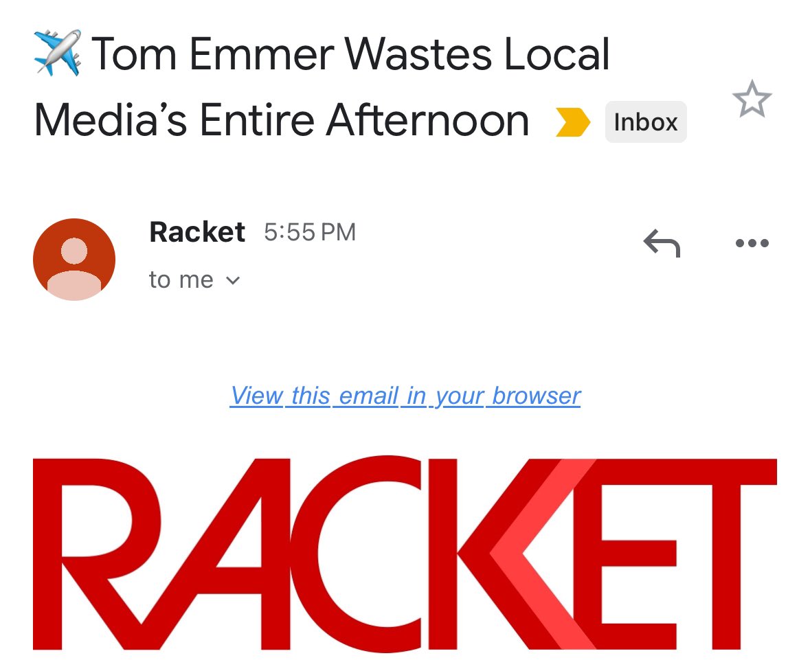 DeRushaJ's tweet image. Best headline of the day: “Tom Emmer Wastes Local Media’s Entire Afternoon.” Great job @RacketMN