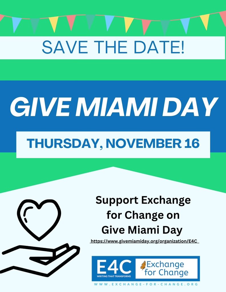 Save the date! 📣 Give Miami Day is approaching on November 16th! We hope that you will support Exchange for Change: mtyc.co/460c2f #GiveMiamiDay Early giving begins November 13th.