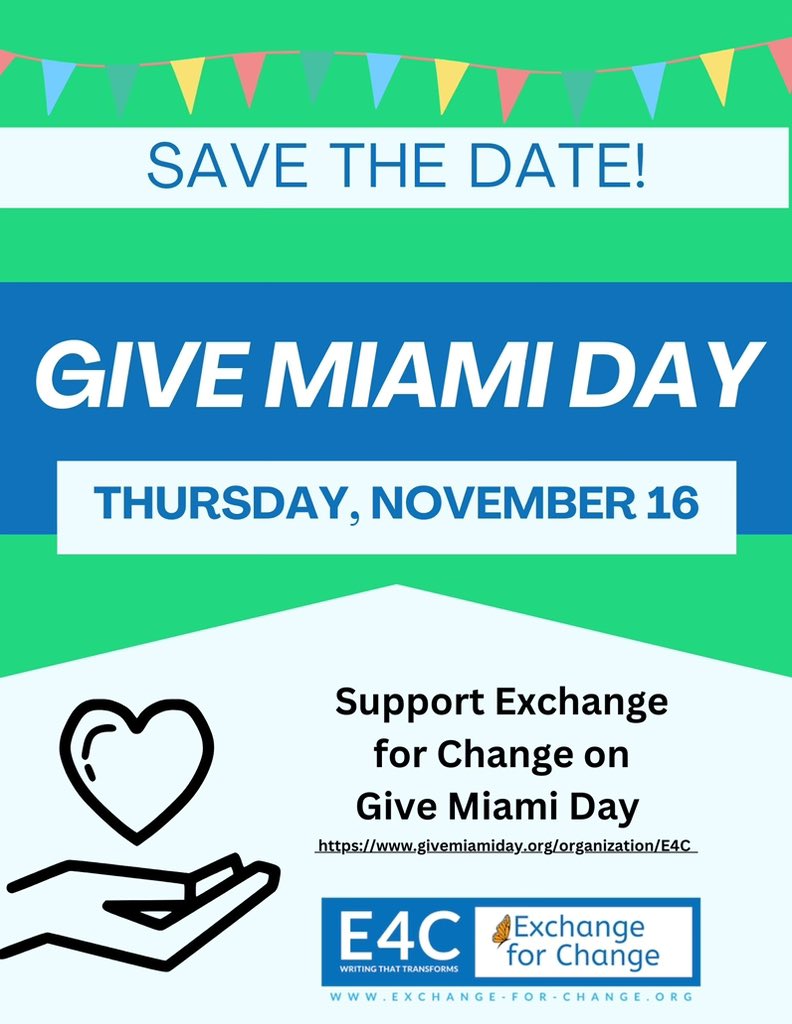 Ex4Change's tweet photo. Save the date!  📣

Give Miami Day is approaching on November 16th!  

We hope that you will support Exchange for Change: https://t.co/pxj6Pg8Q2p #GiveMiamiDay 

Early giving begins November 13th. https://t.co/USEKO5EbRc