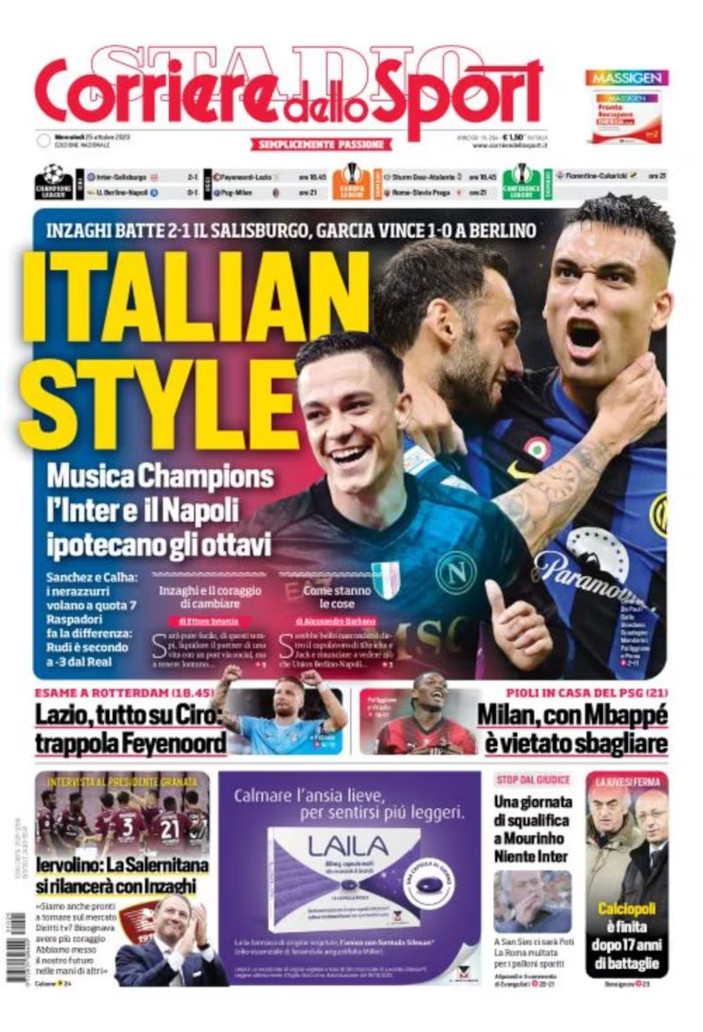 footballitalia's tweet photo. Wednesday's Italian #Calcio headlines in English https://t.co/p3pHPvUmBG #FCIM #Napoli #Juventus #ACMilan #Lazio #ASRoma #PSG #InterSalzburg #INTSAL #UnionBerlinNapoli #UnionNapoli #SerieA #SerieATIM #PSGMilan #PSGACM #FeyenoordLazio #UCL https://t.co/5xqQZ0xKF0