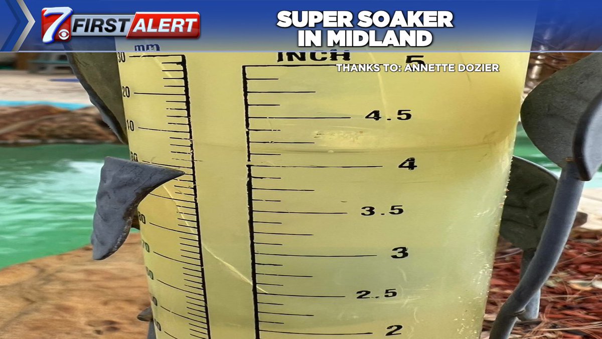CBS7News's tweet photo. Annette in the Midland Polo Park area received over 4" of rain in the past 24 hours. This shows that any more rain is going to cause quick flooding overnight. Remember...TURN AROUND...DON'T DROWN! #CBS7FirstAlert https://t.co/xw9nUmM2xw