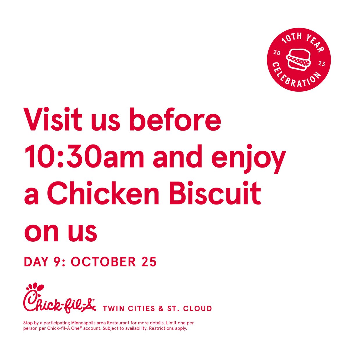 cfabloomington's tweet photo. 🎈Happy 10th Anniversary Minnesota!🎈

Day 9:  FREE Breakfast Alert!  Hey Minnesota.. how about chicken for breakfast on Wednesday! 

Just 4 Fun:  What is your favorite Chick-fil-A breakfast? https://t.co/OzhiHddydn