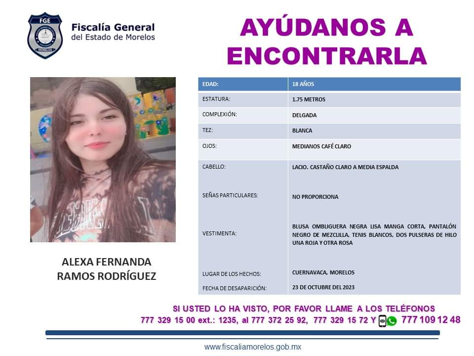 🆘📢 ¡SE BUSCA!

A través de una ficha de búsqueda, la <a href="/Fiscalia_Mor/">FISCALIA MORELOS</a> lanzó una alerta para la localización de ALEXA FERNANDA RAMOS RODRÍGUEZ de 18 años, quien fue vista por última vez en Cuernavaca.
#Morelos.
<a href="/SOS_Busqueda/">Alerta SOS Lindavista Hasta Encontrarles</a> <a href="/botDesaparecidx/">BotDesaparecidx</a>