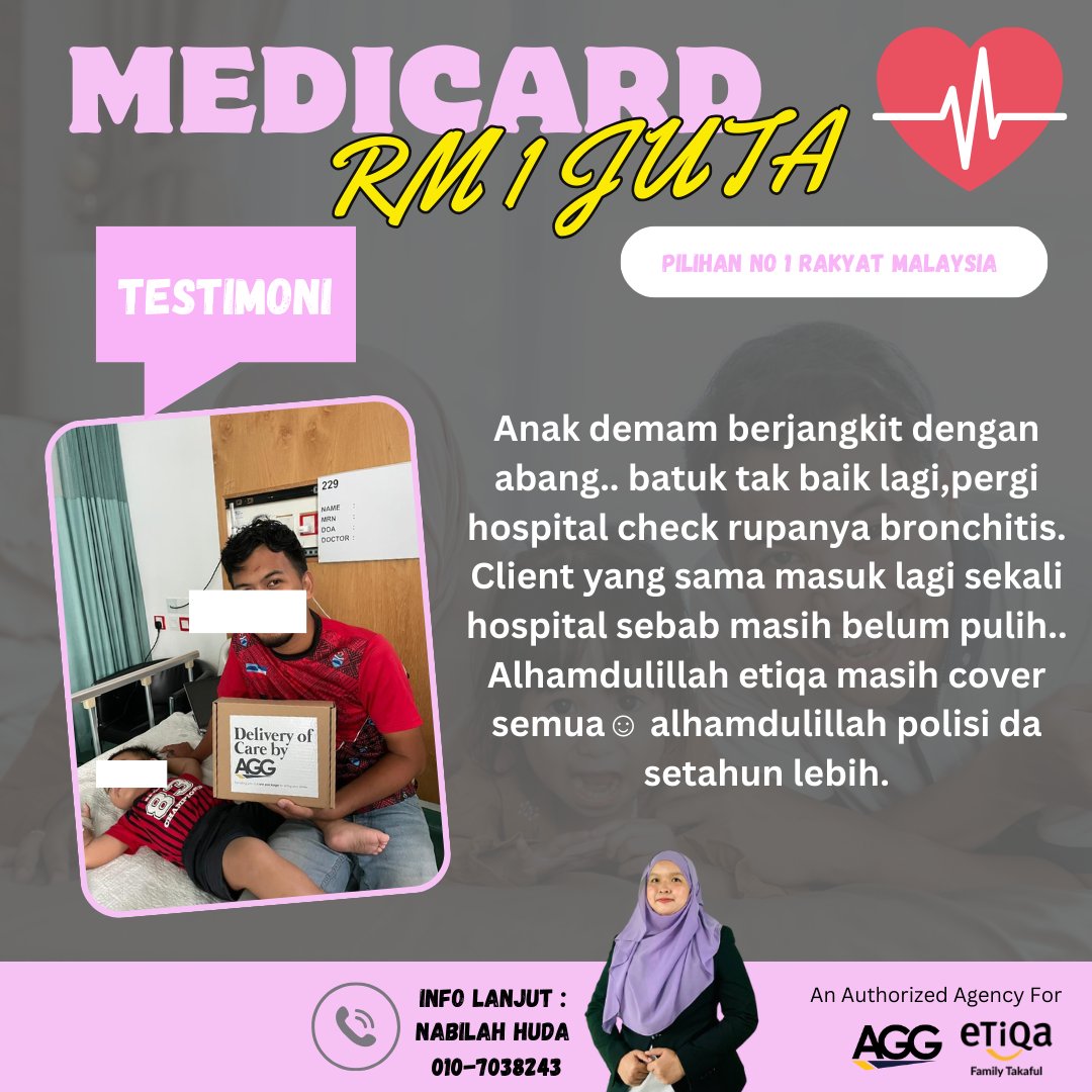 ✨Perlindungan 24 JAM selepas polisi inforce kes kemalangan
✨ Perlindungan 100% COVER KOS RAWATAN /Full Coverage (Tiada Co Takaful, Co-Payment &amp; Deductable)
✨ Had Seumur Hidup (Unlimited)
✨ 142 cawangan Panel Hospital seluruh Malaysia

FREE QUOTATION ▶️wasap.my/60107038243/ME…