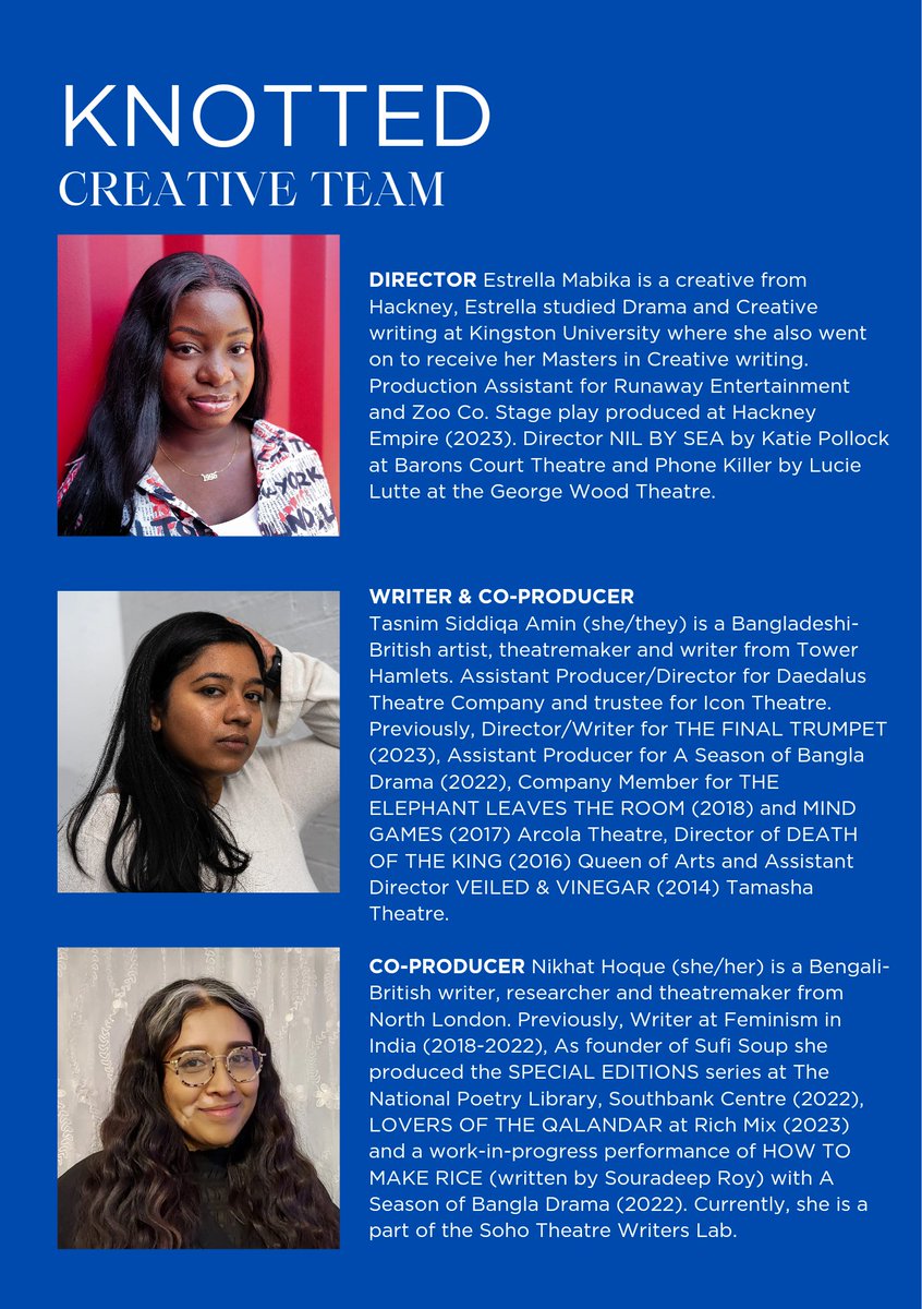 t_siddiqa_amin's tweet photo. CALL OUT FOR 2 SOUTH ASIAN ACTORS for new play #knottedtheplay for @ASeasonBanglaD #bangladrama23 

Playing 2 school age Bengali Muslim girls (but must be 18+). £100 fee. Location: East London. Director: @estrellamabiz Written by me.

Deadline 31 Oct:
https://t.co/iV6ZaSEUcT https://t.co/NTwqa23sUx