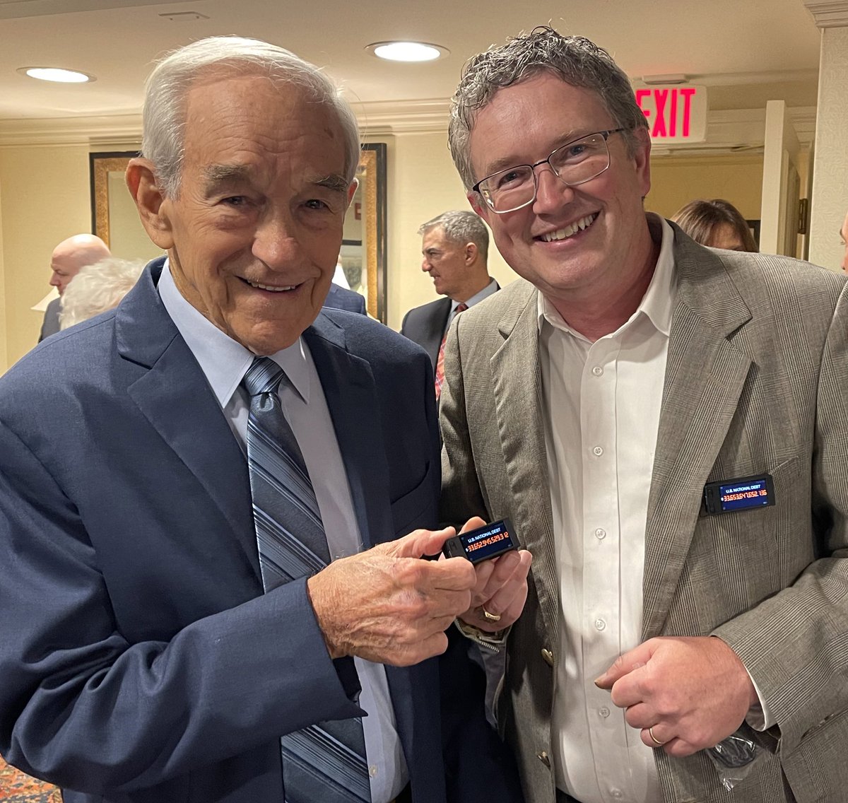 Ron Paul for Speaker? He’s in Washington DC tonight, so I met up with him and gave him a debt badge. I wish we had elected him President!