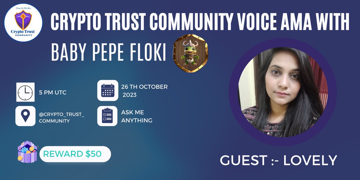 CryptoTrustCMM's tweet photo. We're pleased to announce our next Voice #AMA With Baby Pepe Floki on 26th October 5PM UTC 2023
💰Reward: $50
🏠Venue: https://t.co/7KSm4mf0LH
〽️Rules:
1⃣ Follow
@CryptoTrustCMM &amp;
@babypepefloki
2⃣Like &amp; RT
3⃣Comment Questions &amp; Tag 3 Friends Max 5 questions https://t.co/Uhdg1jvoNv