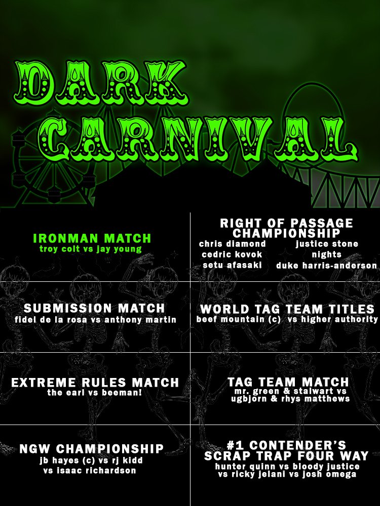 This Thursday! 👻 Come and celebrate the SPOOKY season with CMV! 💀 It's DARK CARNIVAL! 🤡Ricky Jelani is back at it again as he fights back against The Higher Authority! Plus, will the score finally be settled between Jay Young and Troy Colt as they meet in an IRON MAN match!?
