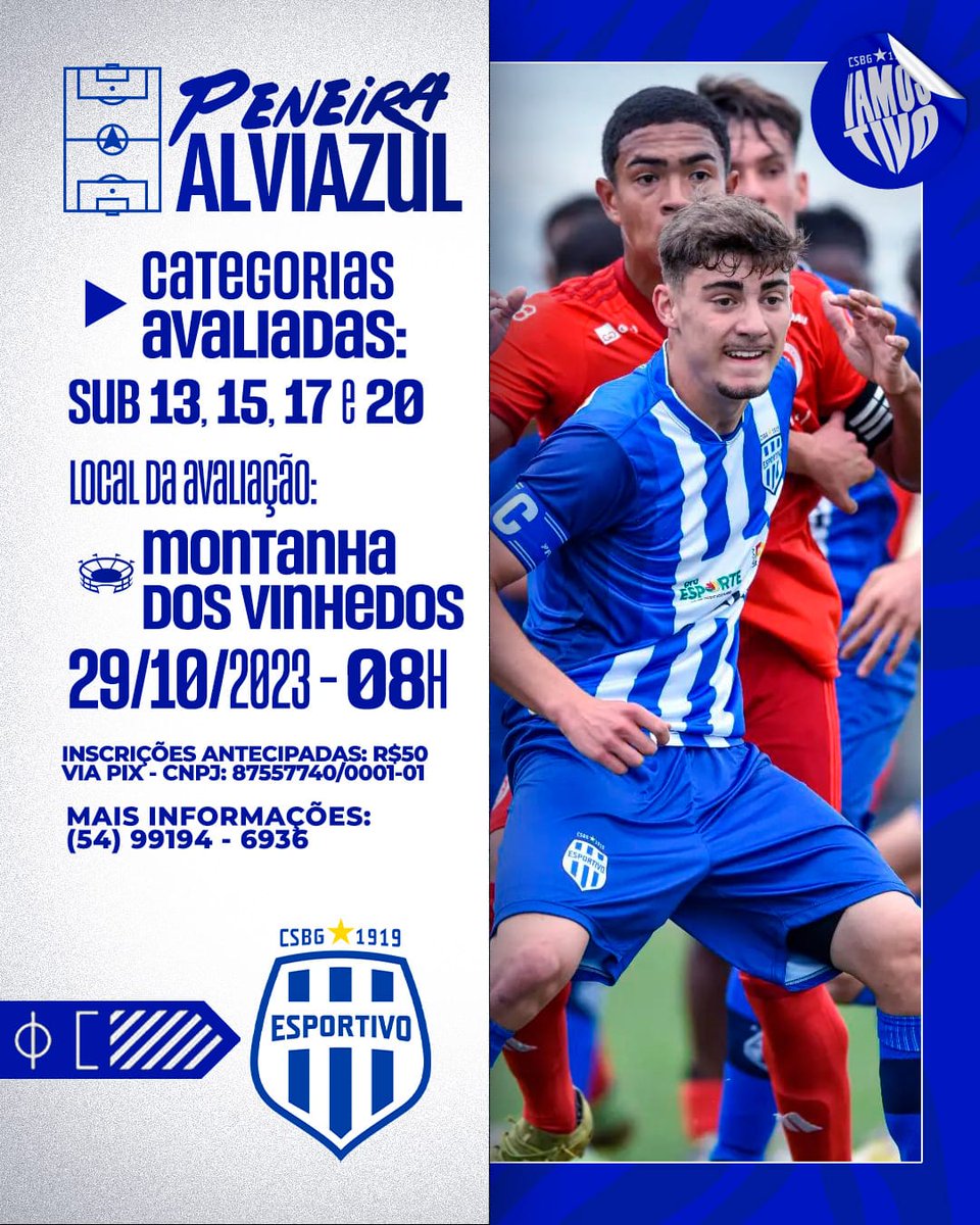 divisaodeacesso's tweet photo. PENEIRA ALVIAZUL!🔵⚪🔥
A seletiva ocorrerá no estádio da Montanha dos Vinhedos. As inscrições antecipadas podem ser feitas tanto na secretaria do clube quanto via PIX e Online no valor de R$50,00!
📅29/10/2023
⏰8H
🏟️ MONTANHA DOS VINHEDOS
#Esportive_se #Basealviazul
🗞 @ClubeEsportivo