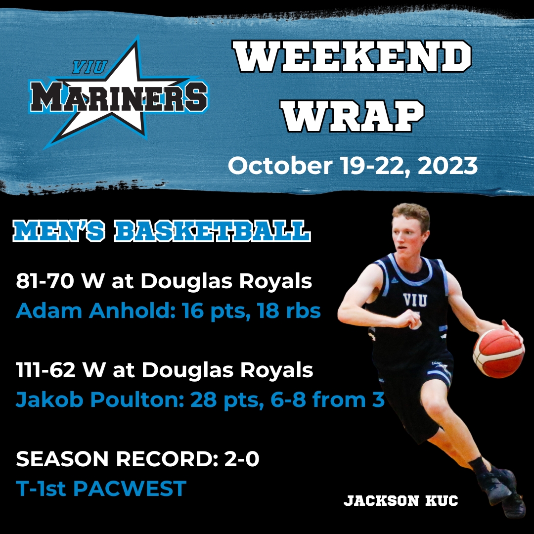 🏀 WEEKEND WRAP - Basketball

The Mariners start with four wins on the road at <a href="/RoyalsAthletics/">Douglas College Royals</a>. Catch them back at <a href="/VIUniversity/">VIU</a>, how 'bout dat, for our home openers Oct. 26 &amp; 27 vs <a href="/CapilanoBlues/">Capilano University Blues</a>. Games are at 6/8pm with a 5:45pm ceremony on Thurs. for the VIU WBB CCAA champs