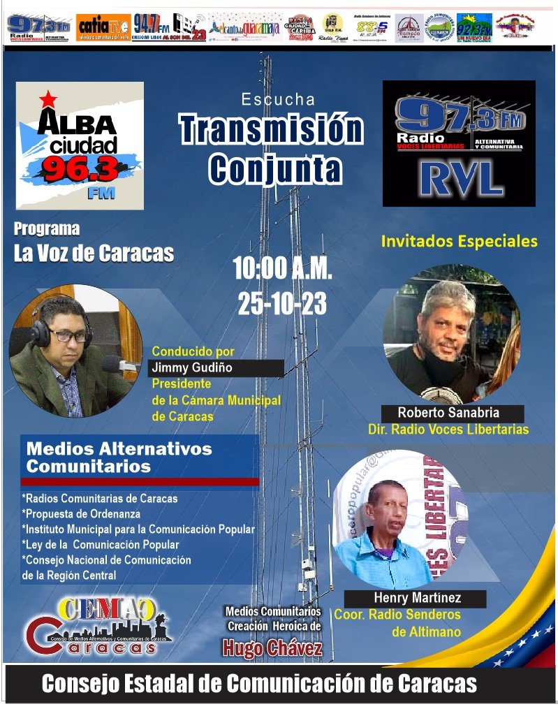 Te invitamos a sintonizar 
por Alba ciudad 96.3 FM y  la  97.3FM
El programa:  *LA VOZ DE CARACAS* 
#25Octubre
#Caracas
#ChampionsLeague #gaza #DiadelasBibliotecas #
