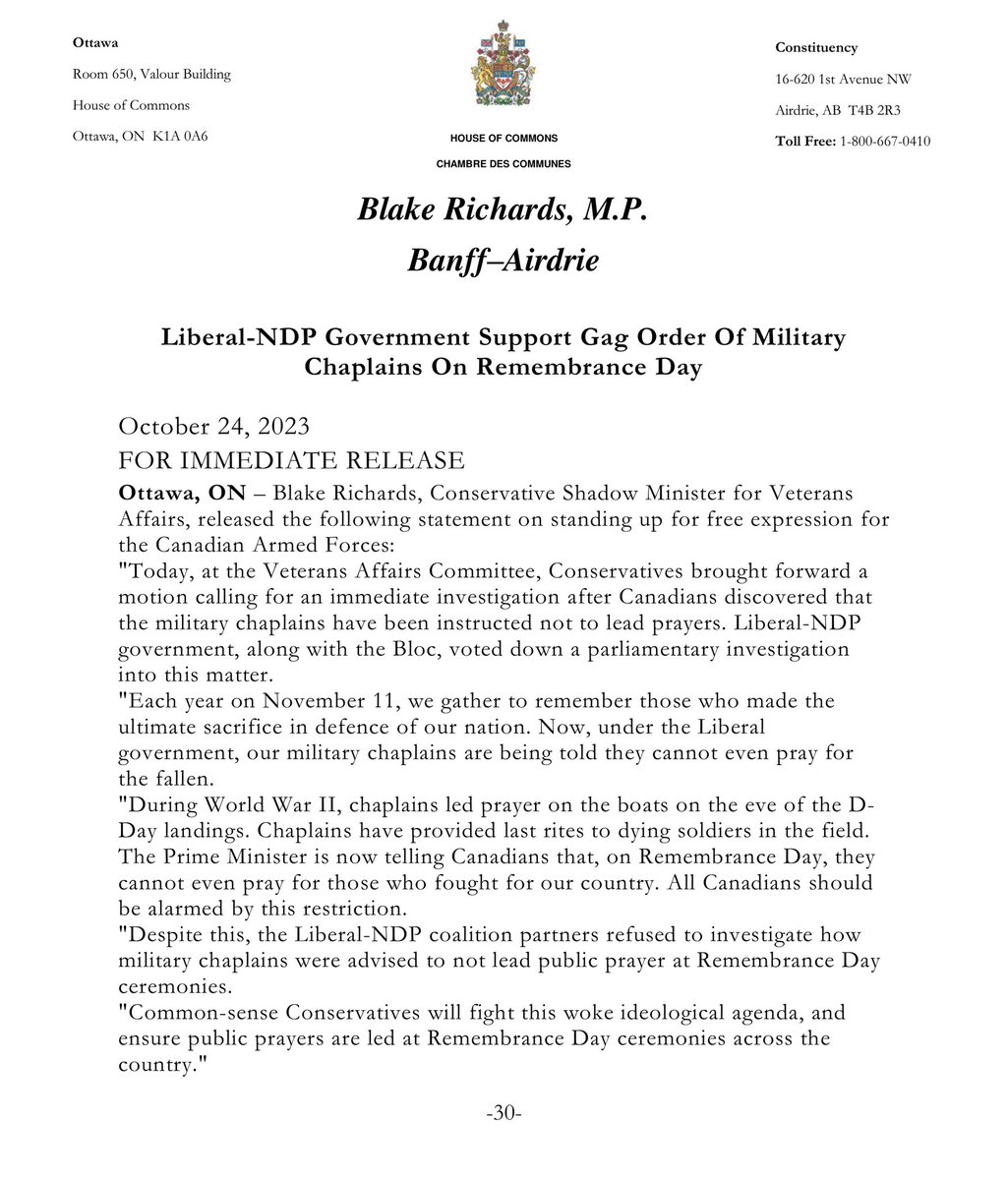 BlakeRichardsMP's tweet image. The Prime Minister is now telling Canadians that, on Remembrance Day, they cannot even pray for those who fought for our country. All Canadians should be alarmed by this restriction. 

#cdnpoli