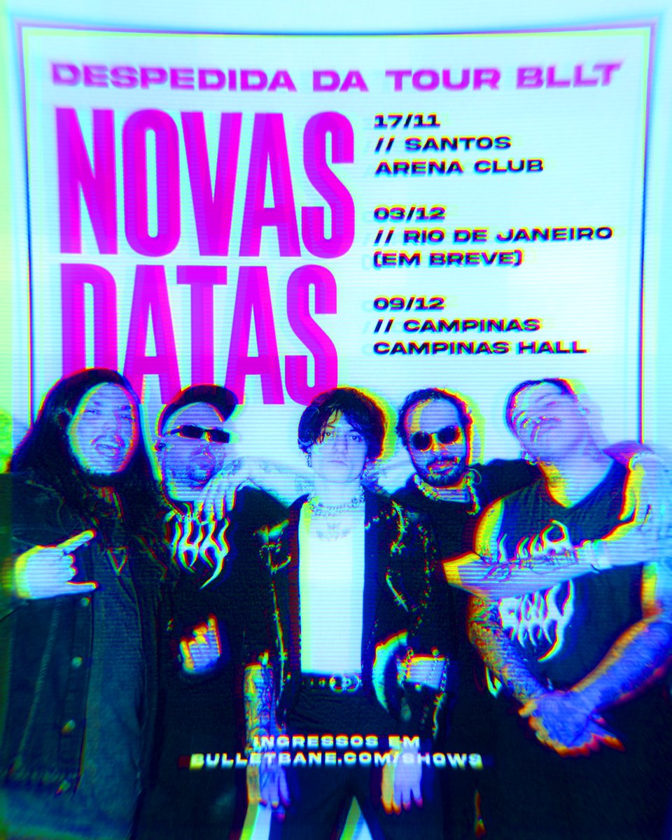 OK, SANTOS, RIO e CAMPINAS: nós temos uma missão. Honrar o final da turnê BLLT e deixar a energia LÁ NO ALTO pra aguardar o próximo álbum. Posso contar com vocês? ❤️‍🔥

INGRESSOS: bulletbane.com/shows