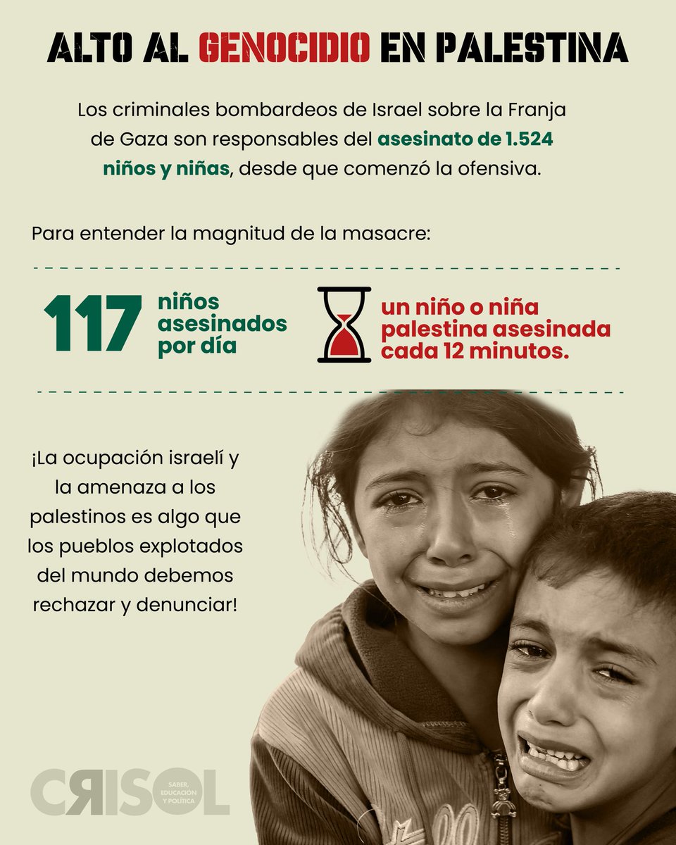 FNERRR_NACIONAL's tweet photo. 📣🚨 La FNERRR condena la brutal guerra que el Estado sionista de Israel ha lanzado contra el pueblo de #Palestina:

•  4,741 palestinos han sido asesinados por Israel en la Franja de Gaza, de ellos 1,873 han sido niños.

¡Exigimos un alto al genocidio en Palestina! 🇵🇸✊🏽🔥 https://t.co/CKxqg4U8Eh