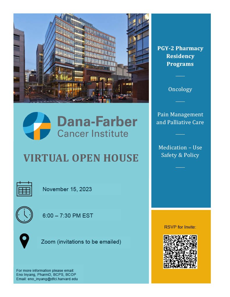 Join us on November 15th for the DFCI Residency Virtual Open House! Learn about our PGY2 programs in #oncology #medsafety and #painpalliative