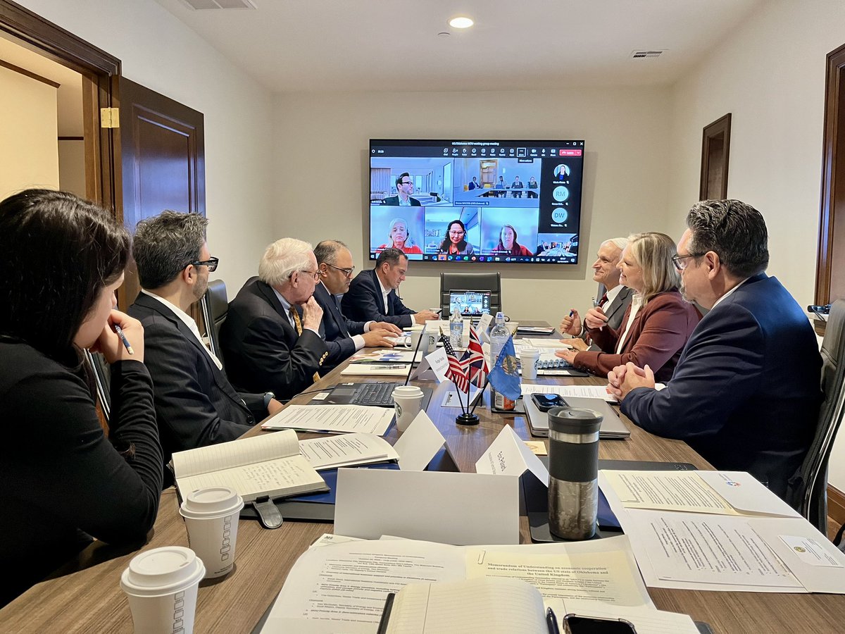 Building on the enduring friendship + historical ties between #Oklahoma and the UK, representatives held the inaugural working group meeting created by the #MoU on economic cooperation and trade relations signed in April this year. 🤝

<a href="/GovStitt/">Governor Kevin Stitt</a> <a href="/LtGovPinnell/">Lt. Governor Matt Pinnell</a> <a href="/OKcommerce/">OK Dept. of Commerce</a>