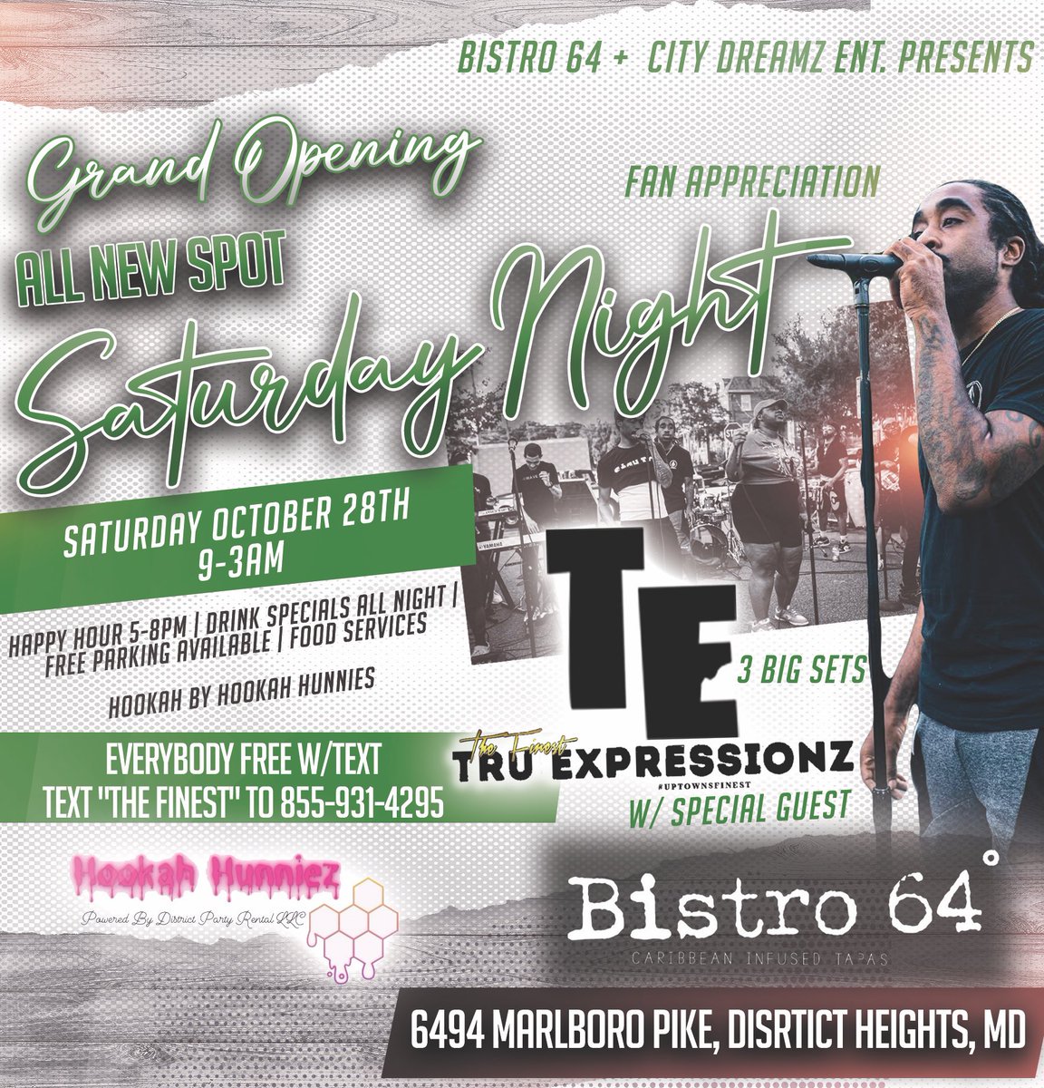 TruExpressionz's tweet image. FREE party all night Saturday, October 28th @TruExpressionz Live @ Bistro 64 , 6494 Marlboro Pike, District Heights, MD —— text “the finest” to 855-931-4295 for FREE admission!!! #FanAppreciationNight #truexpressionz #free #party