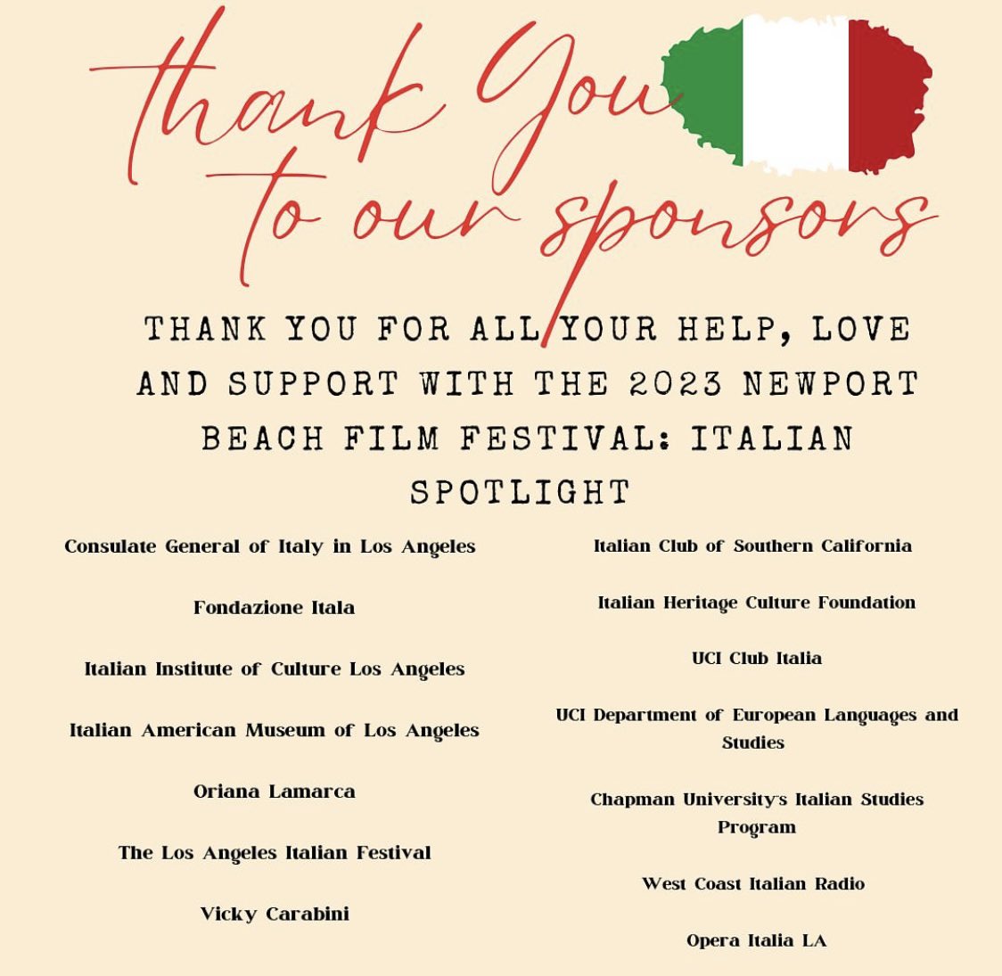 NBFItalianSpot1's tweet photo. Thank you to all our amazing sponsors for helping making our Italian Spotlight possible!!🇮🇹🫶🏼
We could not do it without you all!
#nbff #newportbeachfilmfestival #nbff2023 https://t.co/XHKN3Onk9h