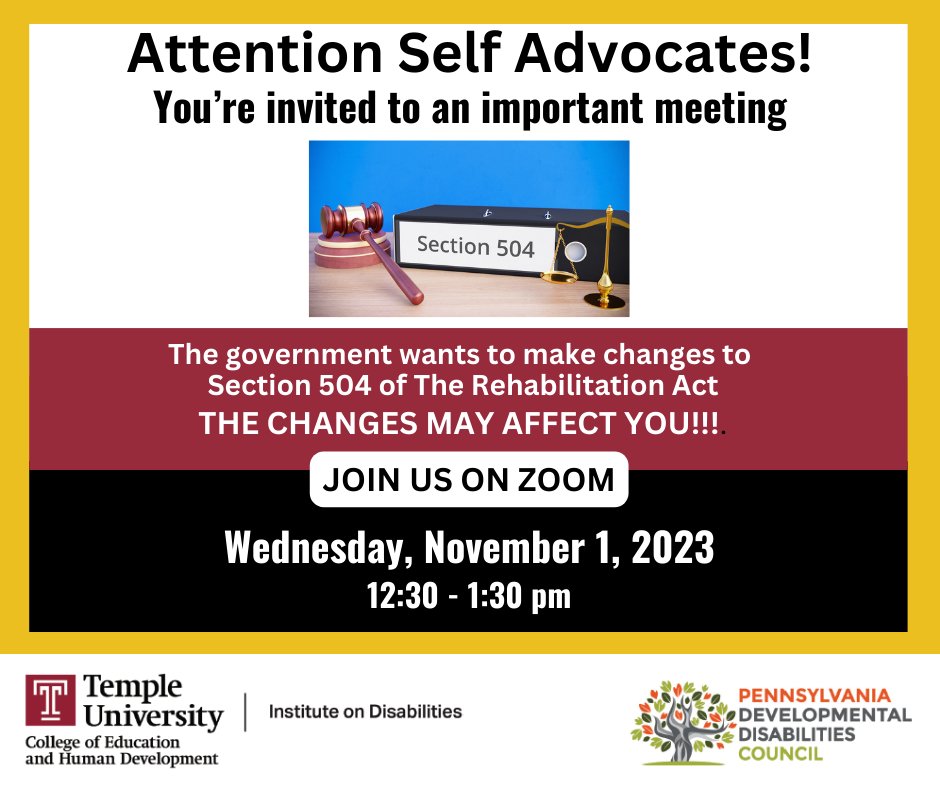 Self Advocates! Please attend this important meeting about changes to the Rehabilitation Act, Section 504. The changes would make sure people with disabilities are treated fairly in healthcare. 

✅Learn more & how to sign up: paddc.org/section_504_me…

#HealthEquity #Section504